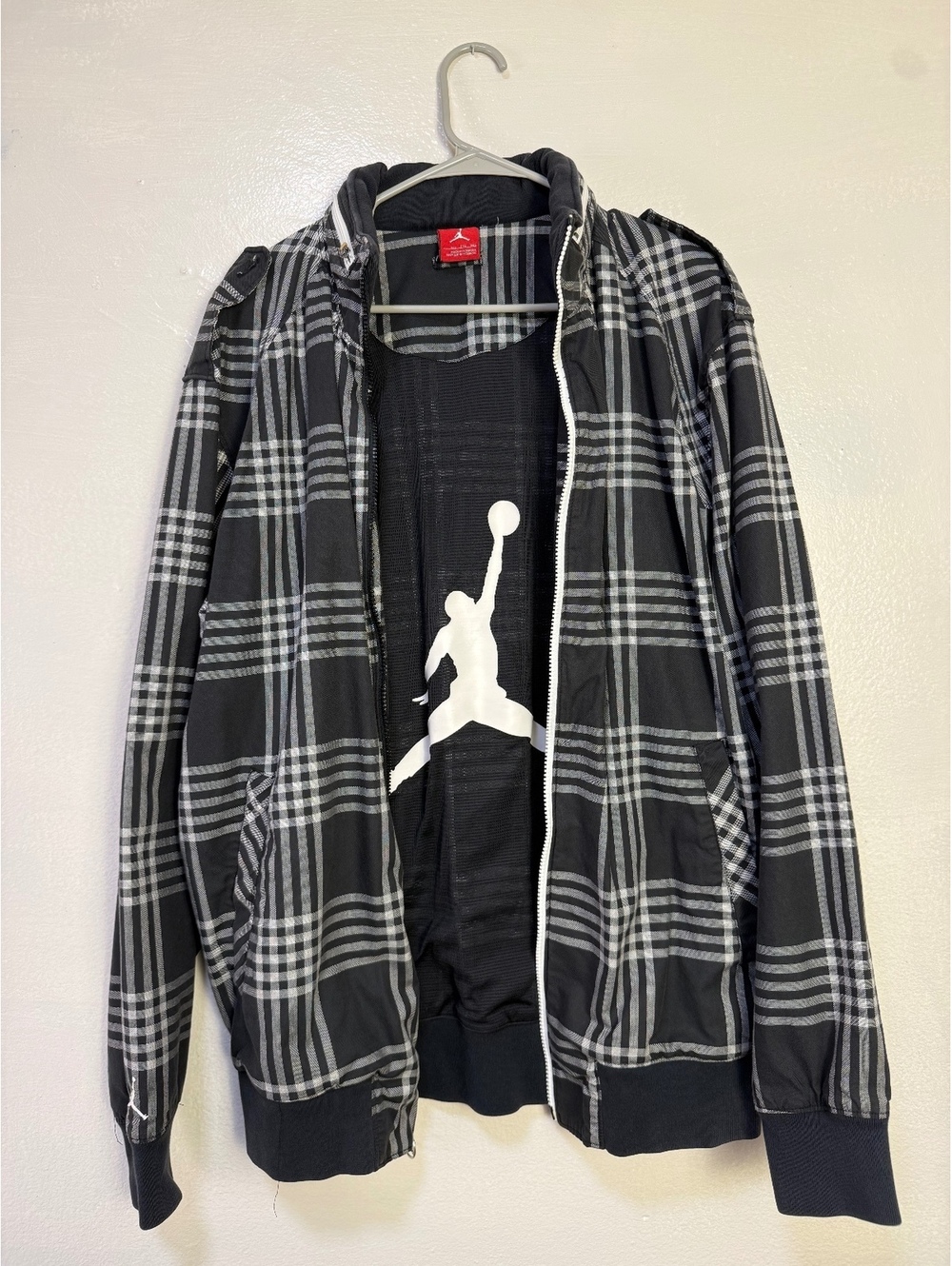 Jordan Black and Gray Plaid Zip-Up Jacket with Hood, Size XXL
